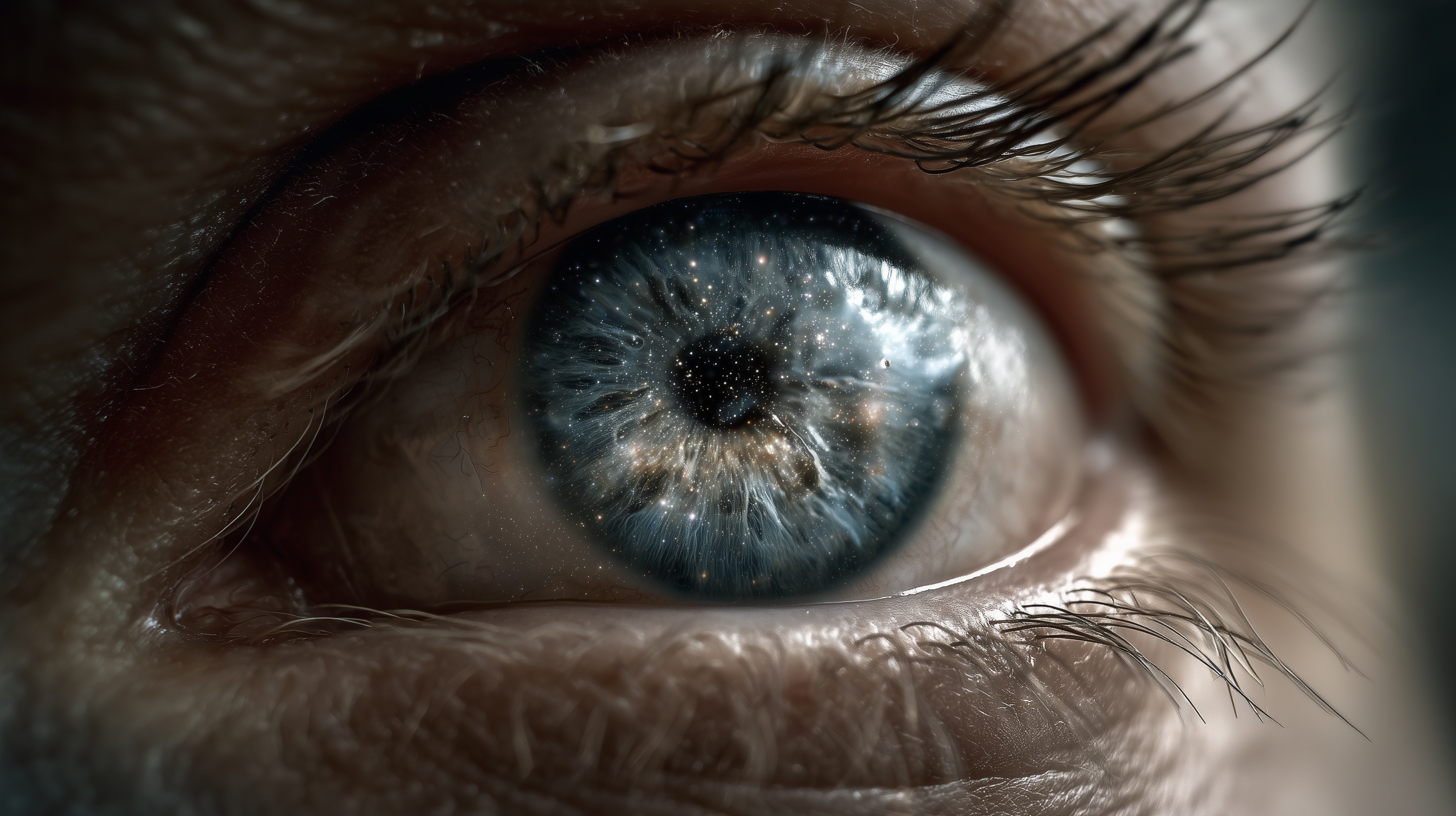 Macro shot of an eye with a field of stars in the iris